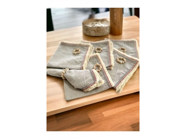 6LI Gri Keten Mini Püsküllü [Ahşap Toka Hediyeli] Peçete Takımı