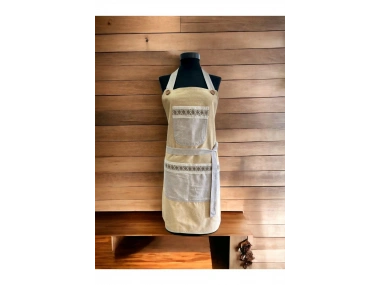 Sarı Renk Bej Cepli Keten Modern Etnik Tarz Çift Katlı Mutfak Önlüğü