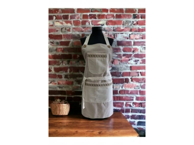 Bej Renk Krem Cepli Keten Modern Etnik Tarz Çift Katlı Mutfak Önlüğü