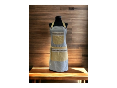 Gri Renk Sarı Cepli Keten Modern Etnik Tarz Çift Katlı Mutfak Önlüğü