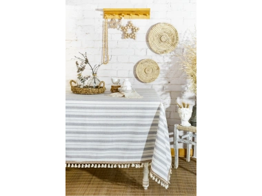 Çizgili Gri Şeritli Ponponlu Masa Örtüsü