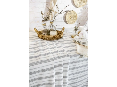 Çizgili Gri Şeritli Ponponlu Masa Örtüsü