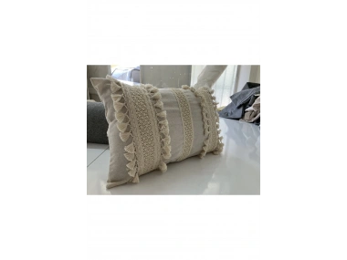 Ham Keten Üç Dantelli Ponponlu Kırlent Kırlent Kılıfı