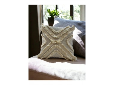 Ham Keten Çoklu Püsküllü Kare Kırlent Kırlent Kılıfı 43x43