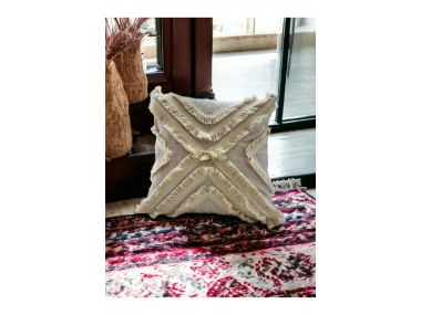 Ham Keten Çoklu Püsküllü Kare Kırlent Kırlent Kılıfı 43x43