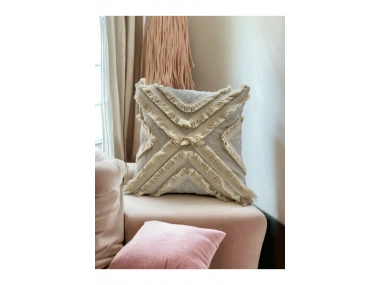 Ham Keten Çoklu Püsküllü Kare Kırlent Kırlent Kılıfı 43x43