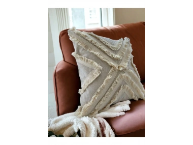 Ham Keten Çoklu Püsküllü Kare Kırlent Kırlent Kılıfı 43x43