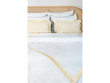 Beyaz Pamuk Keten Kare Püsküllü Çift Kişilik Nevresim Takımı