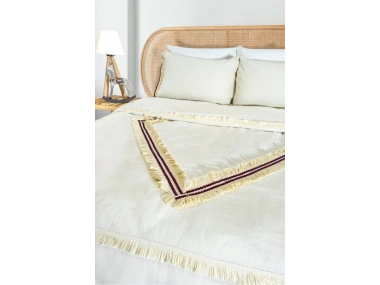 Beyaz Pamuk Keten Renkli Püsküllü Tek Kişilik Nevresim Takımı