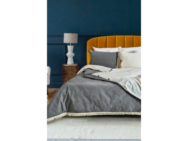 Çift Renkli Püsküllü (Antrasit - Krem) Keten Tek Kişilik Nevresim Takımı