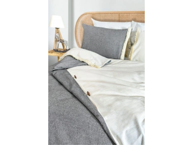 Çift Renkli Püsküllü (Antrasit - Krem) Keten Tek Kişilik Nevresim Takımı