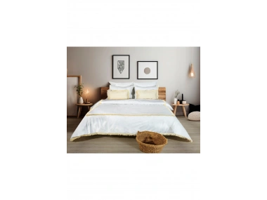 Beyaz Pamuk Keten Kare Püsküllü Tek Kişilik Nevresim Takımı