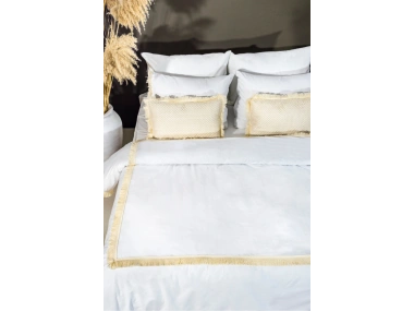 Beyaz Pamuk Keten Kare Püsküllü Tek Kişilik Nevresim Takımı