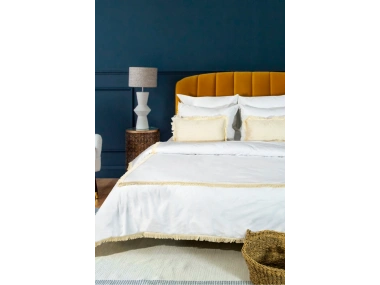 Beyaz Pamuk Keten Kare Püsküllü Tek Kişilik Nevresim Takımı