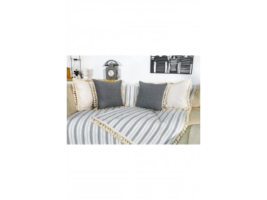 Gri Çizgili Otantik Keten Koltuk Örtüsü