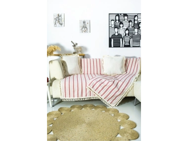 Bordo Çizgili Ham Ponponlu Otantik Koltuk Örtüsü Koltuk Şalı