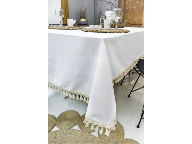 Beyaz Keten Ham Ponponlu Masa Örtüsü
