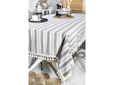 Gri Çizgili HAM Ponponlu Masa Örtüsü