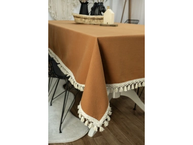 Kiremit Tarçın Renk Keten Ham Ponponlu Masa Örtüsü