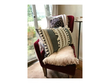 Gri Keten Üçlü Kahverengi Dantelli Kırlent Kırlent Kılıfı