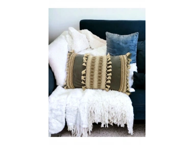 Gri Keten Üçlü Kahverengi Dantelli Kırlent Kırlent Kılıfı