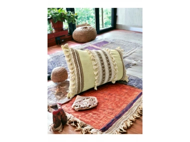 Sarı Kahverengi Dantelli Kırlent Kırlent Kılıfı (35 x 55)