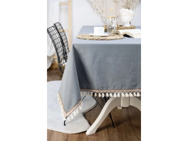 Premium Keten Füme Renk Kahverengi Şeritli Ponponlu Masa Örtüsü