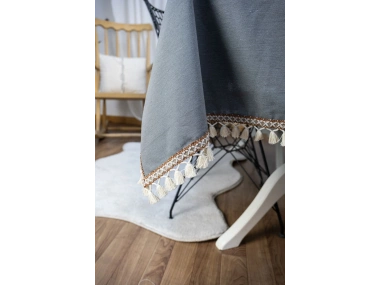 Premium Keten Füme Renk Kahverengi Şeritli Ponponlu Masa Örtüsü