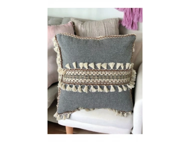 Antrasit Şeritli Ponponlu Kırlent Kırlent Kılıfı(43x43)