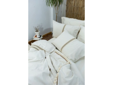 BATTAL Boy Krem Kahve Dantelli Nevresim Seti