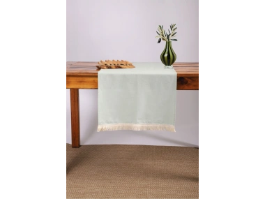 Premium Keten Adaçayı Yeşili Püsküllü Runner Masa Örtüsü(45 x150)