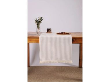 Keten Açık Kahve Çizgili Püsküllü Runer Masa Örtüsü (45 x 150)