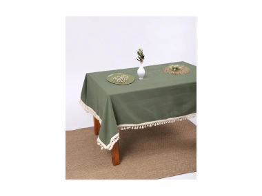 Premium Keten Haki Ponponlu Masa Örtüsü