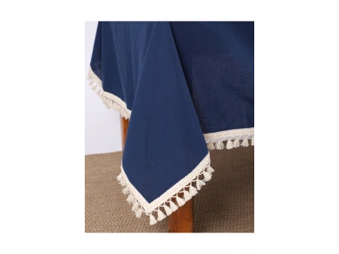 Premium Keten Lacivert Ponponlu Masa Örtüsü