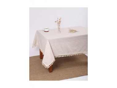 Bej Çizgili Keten Ponponlu Masa Örtüsü