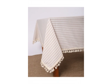 Bej Çizgili Keten Ponponlu Masa Örtüsü