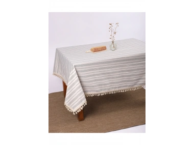 Keten Gri Antrasit Çizgili Ponponlu Masa Örtüsü