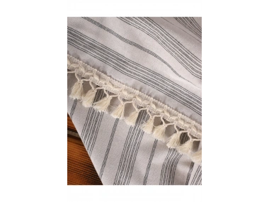 Keten Gri Antrasit Çizgili Ponponlu Masa Örtüsü