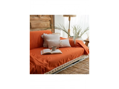 Premium Keten Tarçın KAHVERENGİ Ponponlu Koltuk Örtüsü (170 x 220)