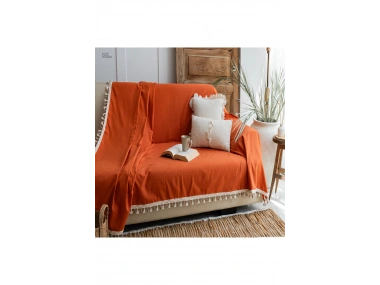 Premium Keten Tarçın KAHVERENGİ Ponponlu Koltuk Örtüsü (170 x 220)
