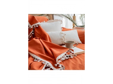 Premium Keten Tarçın KAHVERENGİ Ponponlu Koltuk Örtüsü (170 x 220)