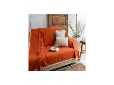 Premium Keten Tarçın KAHVERENGİ Ponponlu Koltuk Örtüsü (170 x 220)