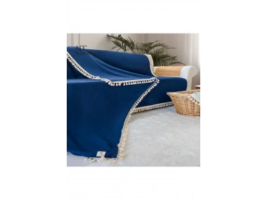 Premium Keten Lacivert  Ponponlu  Koltuk Örtüsü (170 x 220)