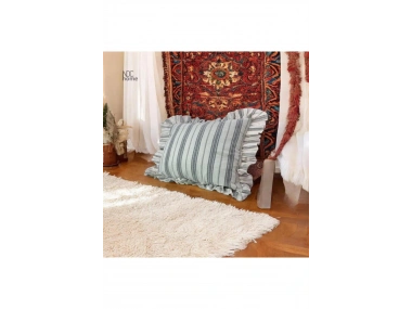 Premium Keten Gri Kalın Çizgili  Fırfırlı  KIrlent Kırlent Kılıfı (43 x 43 )