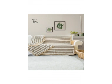 Premium Keten Kahverengi Çizgili Bej Ponponlu   Koltuk Örtüsü (170 x 220)