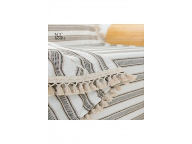 Premium Keten Kahverengi Çizgili Bej Ponponlu   Koltuk Örtüsü (170 x 220)