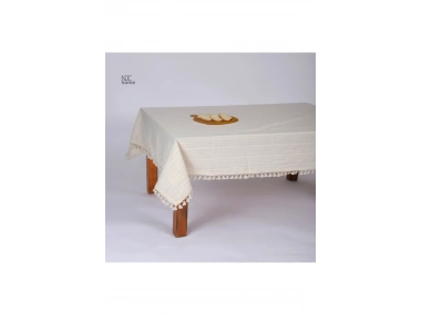 Buldan Dokuması Çizgili Krem Keten Ponponlu Masa Örtüsü