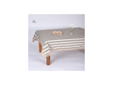 Buldan Dokuması Keten Kahverengi Çizgili Ponponlu Masa Örtüsü