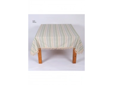 Buldan Dokuması Keten Renkli Çizgili Ponponlu Masa Örtüsü