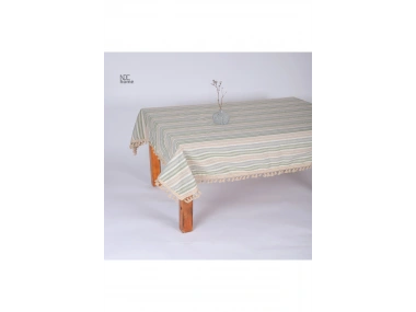 Buldan Dokuması Keten Renkli Çizgili Ponponlu Masa Örtüsü